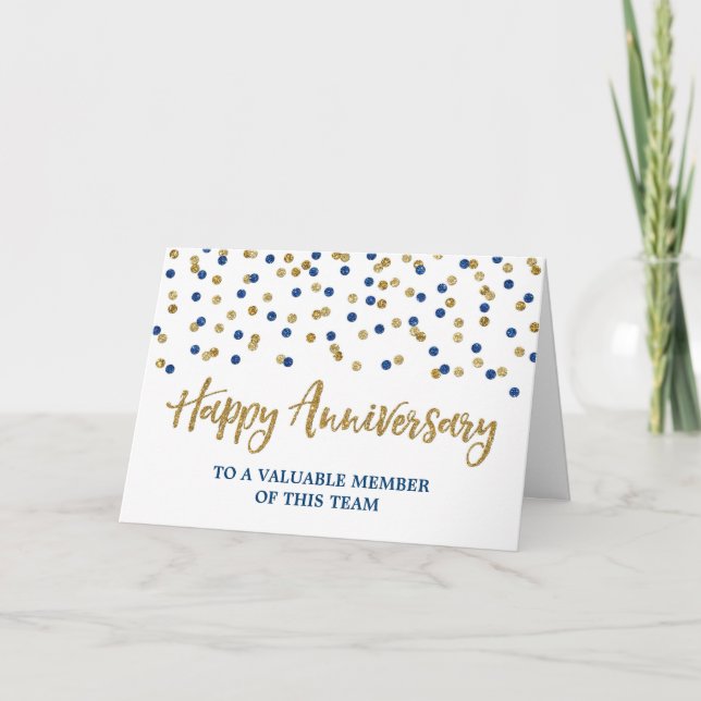 Guld Blue Confetti Employee-årsjubileum Card Kort (Framsida)