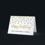 Guld Blue Confetti Friend Birthday Card Kort<br><div class="desc">Födelsedagskort för vän med guld och blått modernt konfekti mönster.</div>