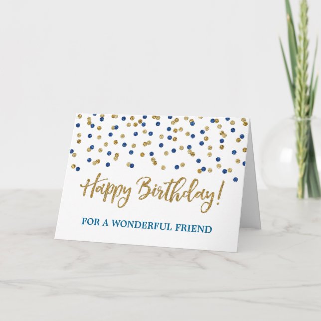 Guld Blue Confetti Friend Birthday Card Kort (Framsida)