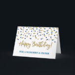 Guld Blue Confetti sister Birthday Card Kort<br><div class="desc">Födelsedagskort för syster med guld och blå modern glitter-konetti mönster. Observera att effekten glitter endast är fotografisk.</div>