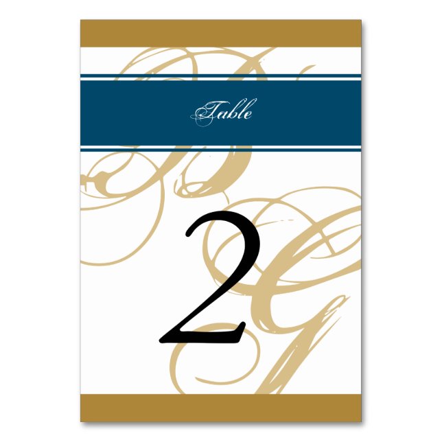Guld Blue Elegant Script Monogram Bröllop Bordsnummer (Framsidan)
