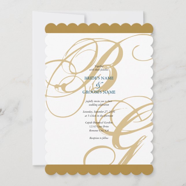 Guld Blue Elegant Script Monogram Bröllop Inbjudningar (Framsida)
