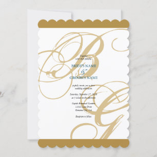 Guld Blue Elegant Script Monogram Bröllop Inbjudningar