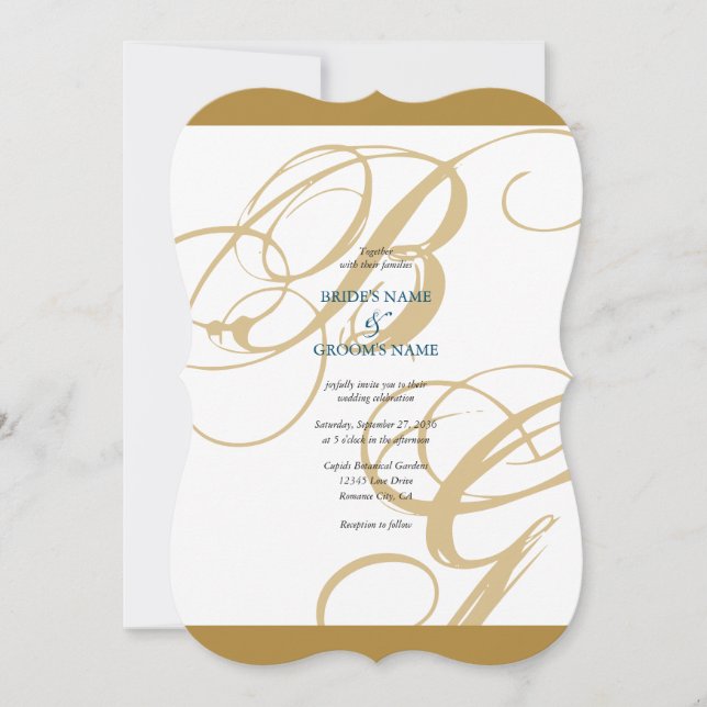 Guld Blue Elegant Script Monogram Bröllop Inbjudningar (Framsida)