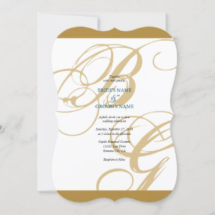 Guld Blue Elegant Script Monogram Bröllop Inbjudningar