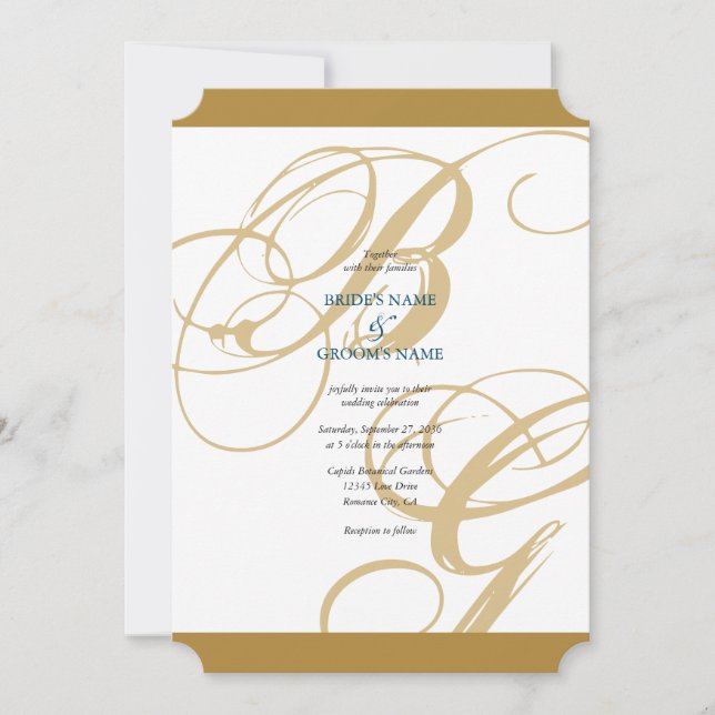 Guld Blue Elegant Script Monogram Bröllop Inbjudningar (Framsida)