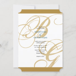 Guld Blue Elegant Script Monogram Bröllop Inbjudningar