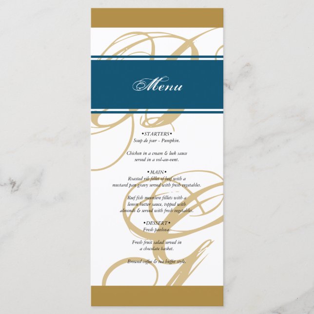 Guld Blue Elegant Script Monogram Bröllop Meny (Framsida)