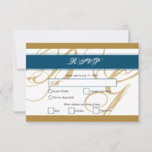 Guld Blue Elegant Script Monogram Bröllop OSA Kort