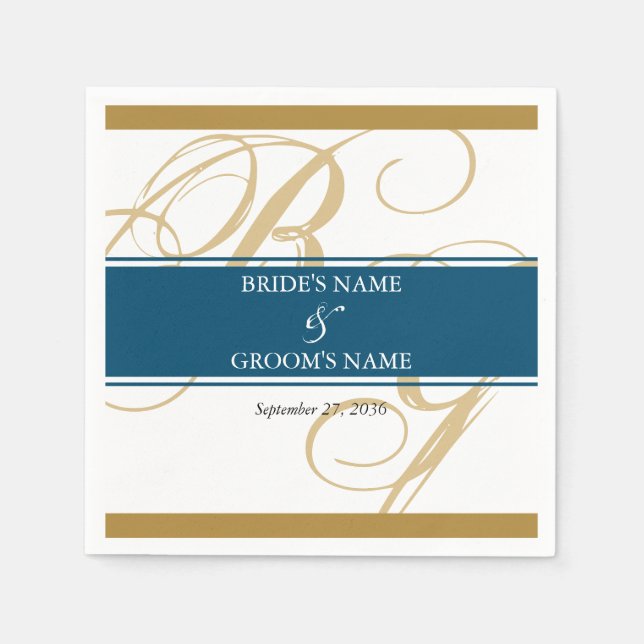 Guld Blue Elegant Script Monogram Bröllop Pappersservett (Framsidan)