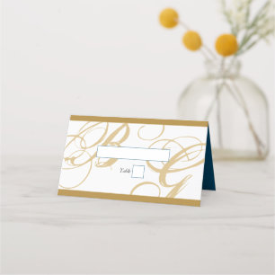 Guld Blue Elegant Script Monogram Bröllop Placeringskort