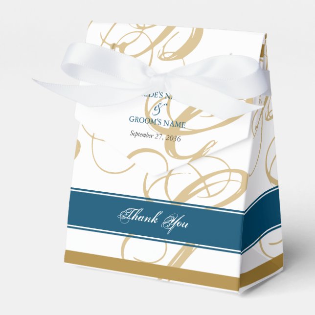 Guld Blue Elegant Script Monogram Bröllop Presentaskar (Framsidan Sidan)