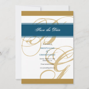 Guld Blue Elegant Script Monogram Bröllop Spara Datumet