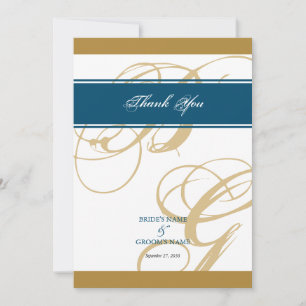 Guld Blue Elegant Script Monogram Bröllop Tack Kort