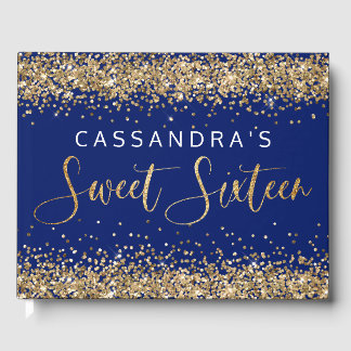 Guld Blue Faux Glitter Sweet sixteen Guest Bok
