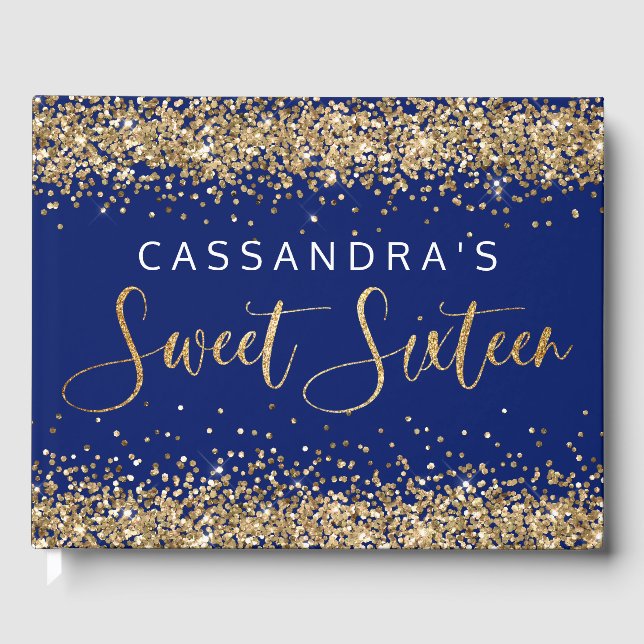 Guld Blue Faux Glitter Sweet sixteen Guest Bok (Framsida)