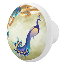 Guld & Blue Feathers Peacock Ceramic Knob Knopp
