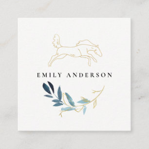 Guld Blue Foliage Horse Watercolor Professionell Fyrkantigt Visitkort