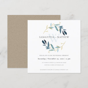 GULD BLUE FOLIAGE WATERCOLOR TVÄTTAR WREATH BRÖLLO INBJUDNINGAR
