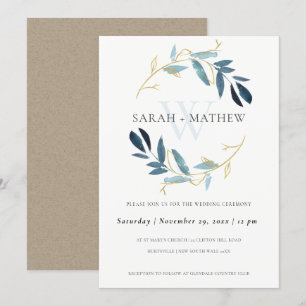 GULD BLUE FOLIAGE WATERCOLOR TVÄTTAR WREATH BRÖLLO INBJUDNINGAR