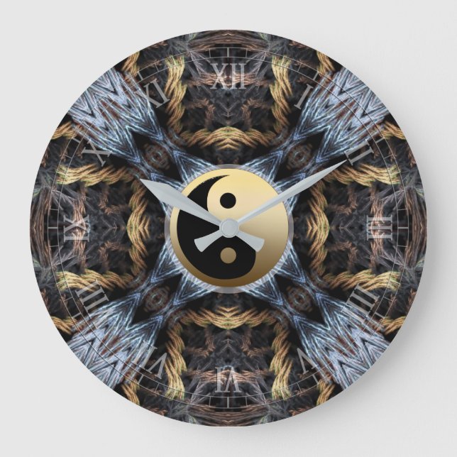 Guld Blue Fractal Tapestry med Yin Yang Symbol Stor Klocka (Framsida)