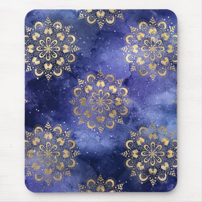 Guld & Blue Galaxy Dharma Mandala Mönster Musmatta (Framsidan)