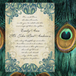 Guld Blue Grönt Paisley Peacock Bröllop No Peacock Inbjudningar