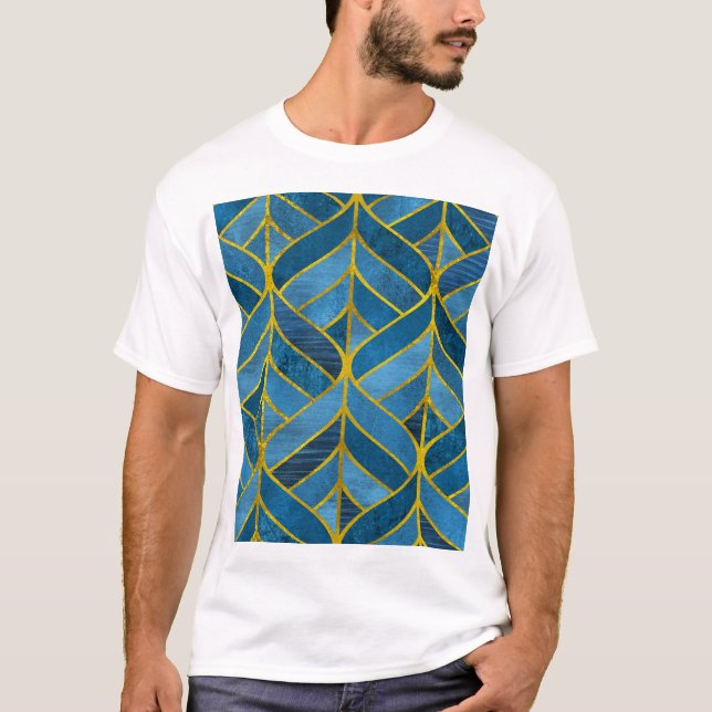 Guld Blue Grunge Mönster T Shirt (Framsida)