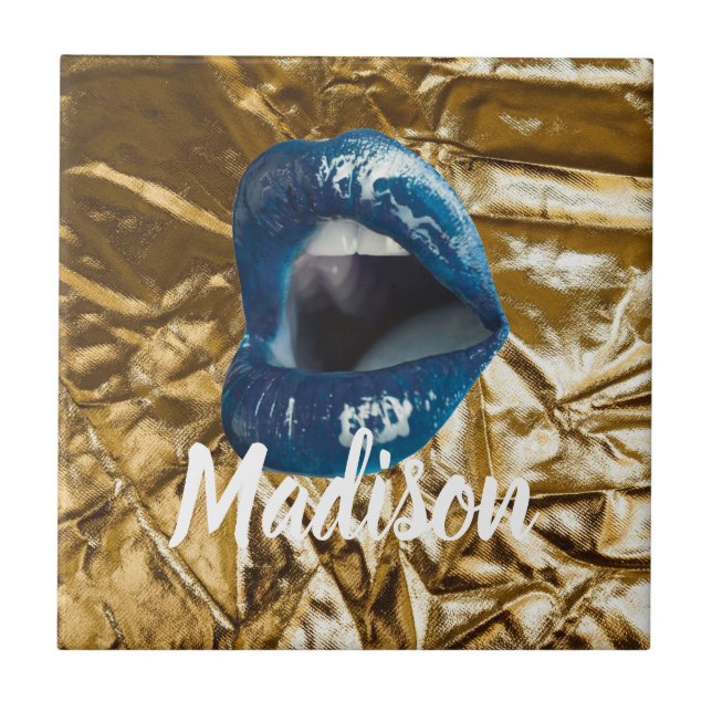 Guld Blue Läppar Makeup Beauty Anpassningsbar Pers Kakelplatta (Framsidan)