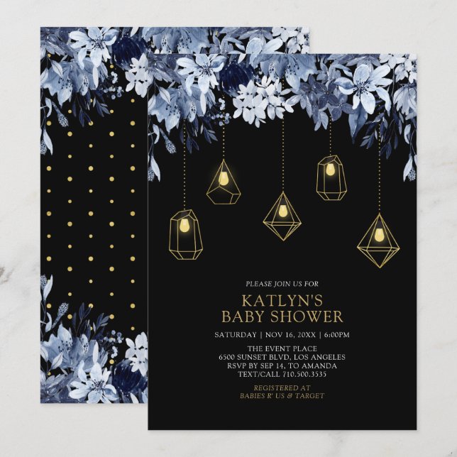 Guld & Blue | Ljus Boho chic Baby Shower Inbjudningar (Fram/baksida)