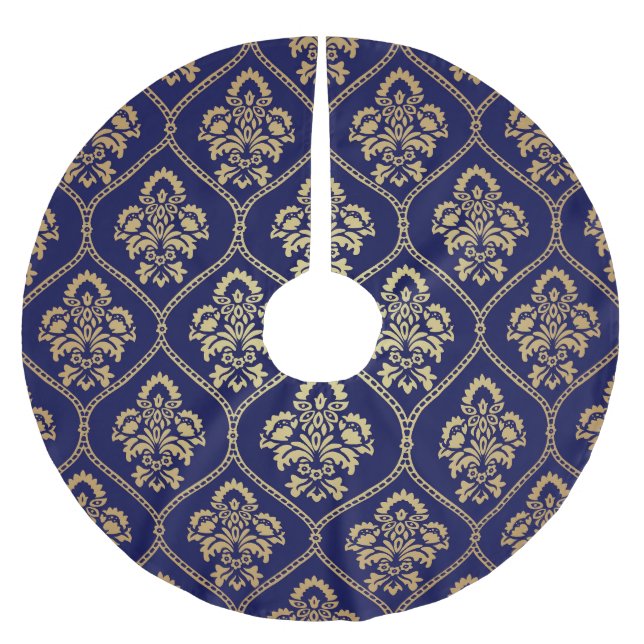 Guld & Blue: Luxury Damask Julgransmatta Borstad Polyester (Framsidan)