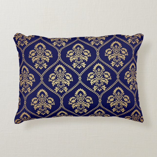 Guld & Blue: Luxury Damask Prydnadskudde (Framsidan)