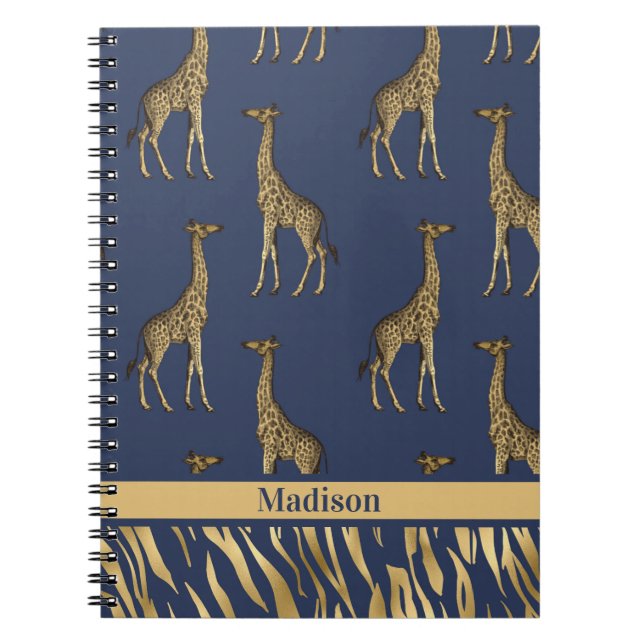Guld Blue Namn Giraffe Tiger Elegant Chic Snyggt Anteckningsbok (Framsidan)
