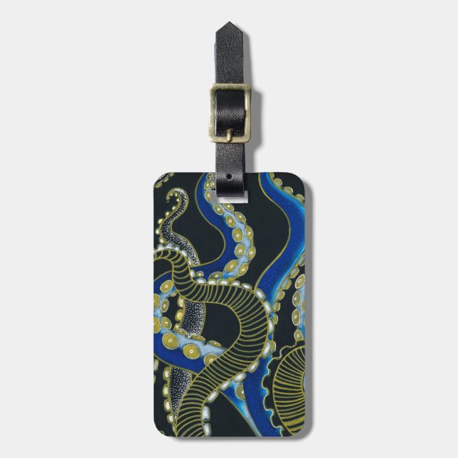 Guld Blue Octopus Tentacles Grått Black Art Bagagebricka (Vertikal Framsida)