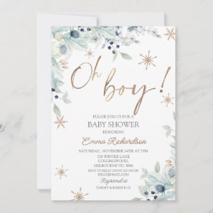 Guld Blue Oh Boy Little Snowflake Baby Shower Inbjudningar