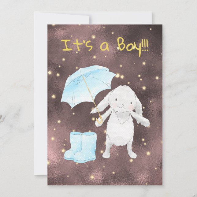 *~* Guld Blue Paraplla Shower Bunny Boy-inbjudan Inbjudningar (Framsida)