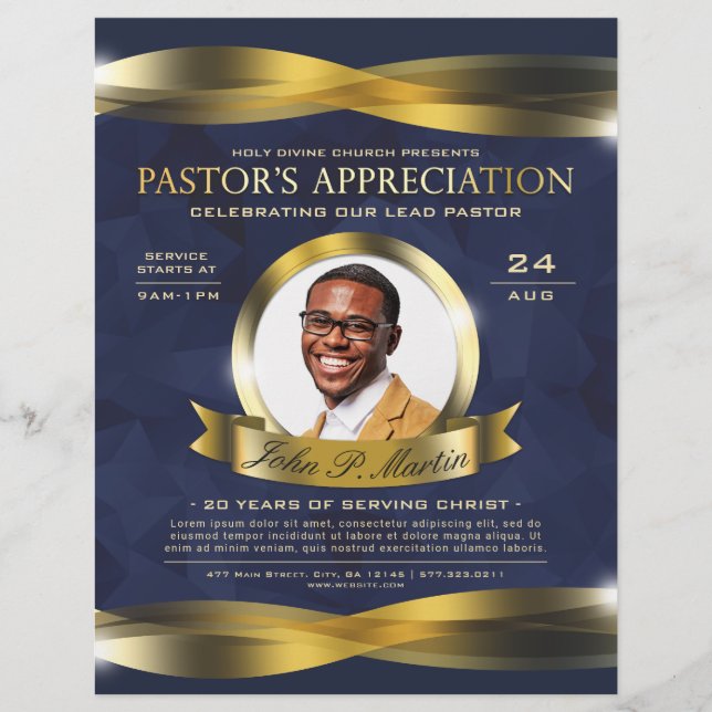 Guld & Blue Pastor's Appreciation Church Service Reklamblad (Framsidan)