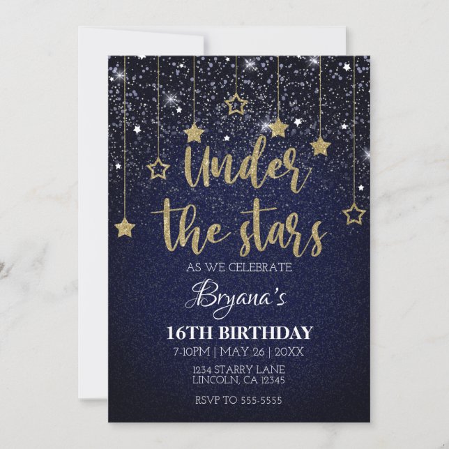 Guld Blue Prom DIY under Stars Starry Birthday Inbjudningar (Framsida)