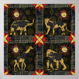 Guld Blue Red Safari World Map African Animals Poster