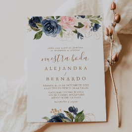Guld Blue Rosa Flowers Bröllop Nuestra Boda Inbjudningar