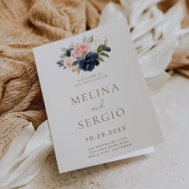 Guld Blue Rosa Flowers Foldad Bröllop Program