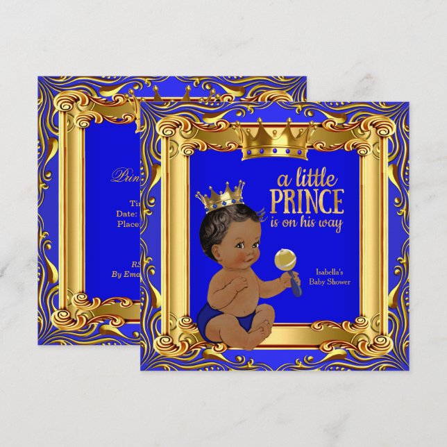 Guld Blue Royal Prince Baby Shower Ethnic Inbjudningar (Fram/baksida)