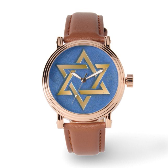 Guld Blue Star of David Art Panel Armbandsur (Framsida)