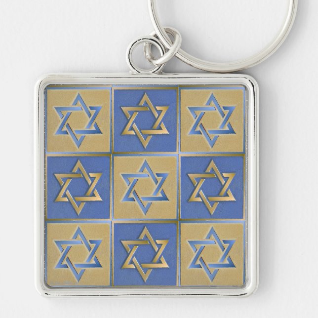 Guld Blue Star of David Art Panels Fyrkantig Silverfärgad Nyckelring (Framsidan)