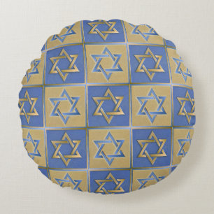 Guld Blue Star of David Art Panels Rund Kudde