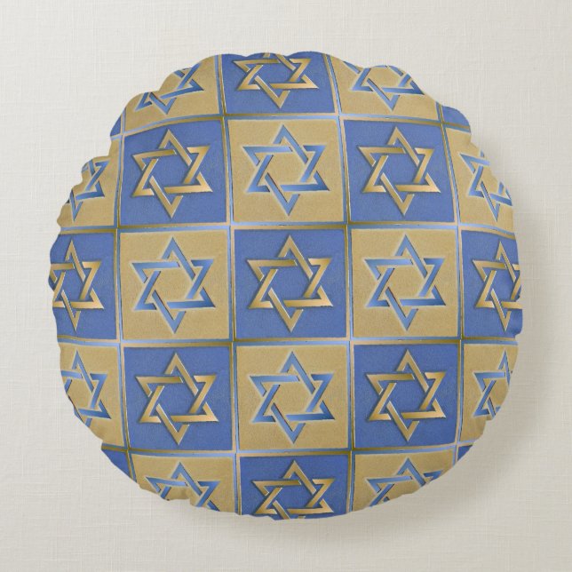 Guld Blue Star of David Art Panels Rund Kudde (Framsidan)