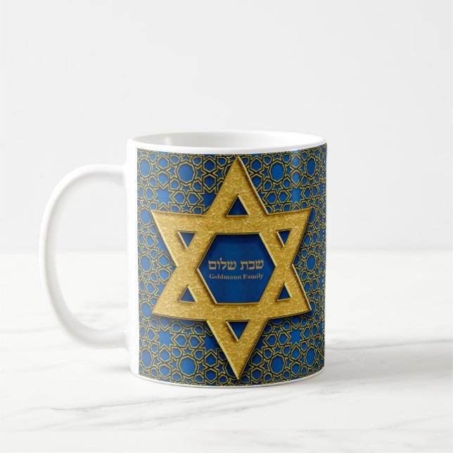Guld Blue Star of David Hebrew Shabbat Shalom Kaffemugg (Vänster)