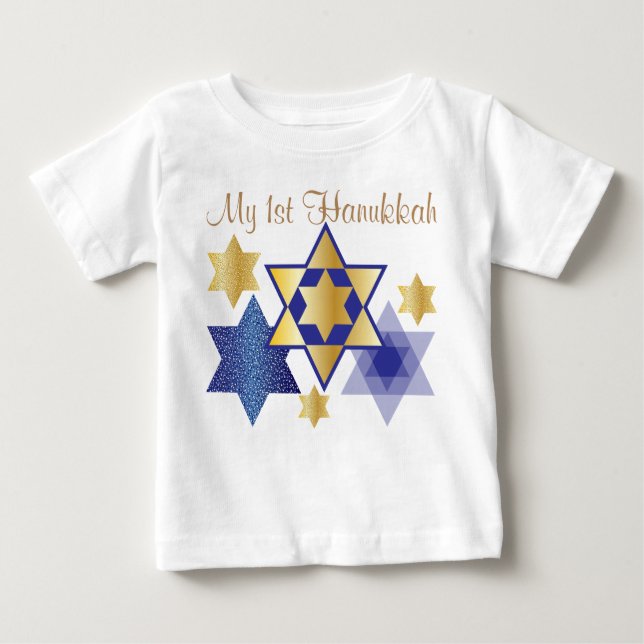 Guld & Blue Stars of David My 1st Hanukkah Tee (Framsida)