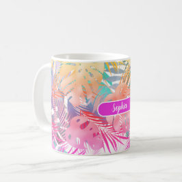 Guld Blue Teal & Rosa Tropical Löv, White Namn Kaffemugg