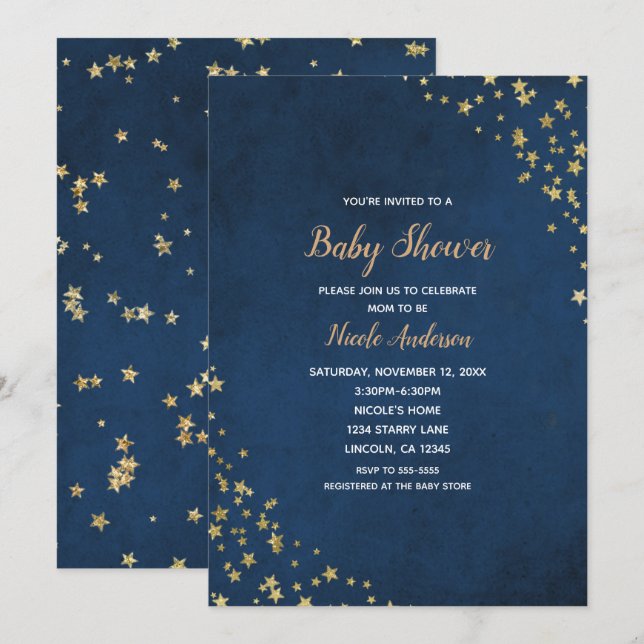 Guld & Blue Twinkle Stars Celestial Baby Shower Inbjudningar (Fram/baksida)